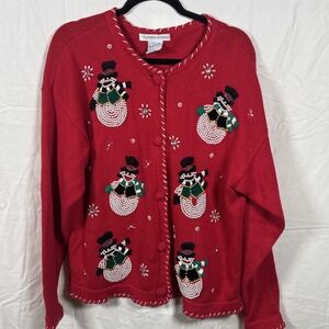 Victoria Jones Vintage Woman's Christmas Beaded Snowman Cardigan Size L **READ**